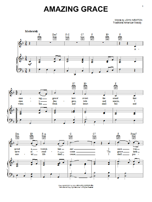 Traditional Spiritual Amazing Grace Sheet Music Notes & Chords for Piano, Vocal & Guitar (Right-Hand Melody) - Download or Print PDF