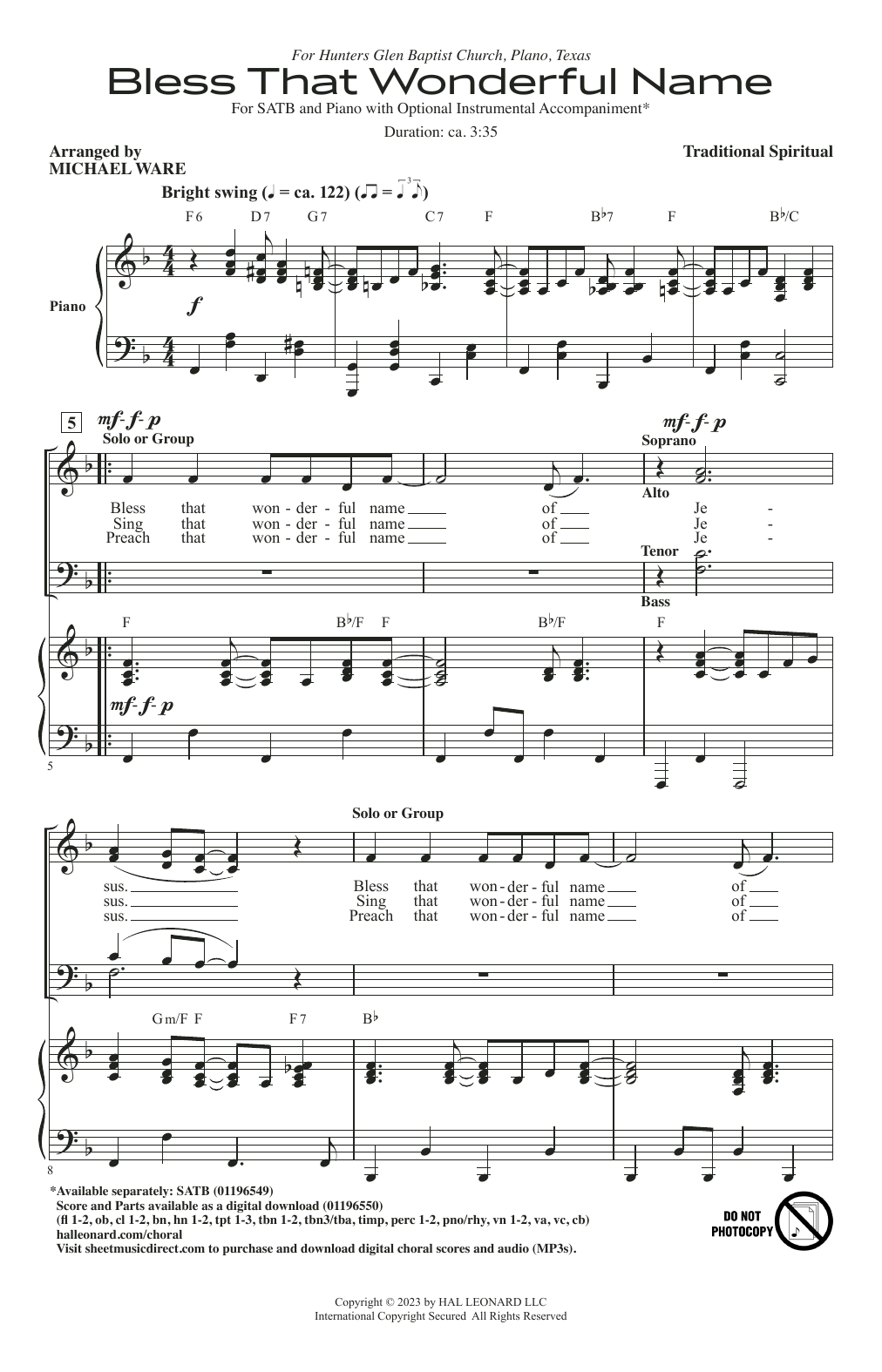 Traditional Spiritual Bless That Wonderful Name (arr. Michael Ware) Sheet Music Notes & Chords for SATB Choir - Download or Print PDF