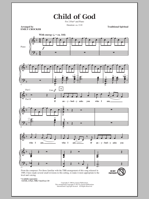 Traditional Spiritual Child Of God (arr. Emily Crocker) Sheet Music Notes & Chords for 2-Part Choir - Download or Print PDF
