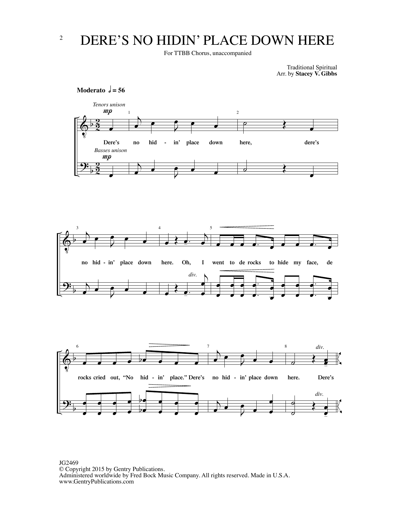 Traditional Spiritual Dere's No Hidin' Place Down Here (arr. Stacey V. Gibbs) Sheet Music Notes & Chords for TTBB Choir - Download or Print PDF