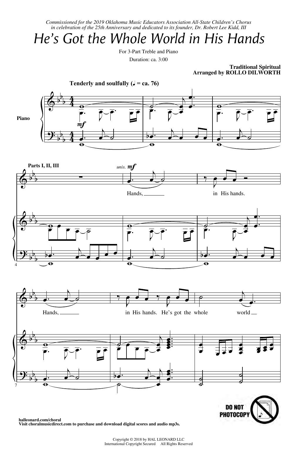 Traditional Spiritual He's Got The Whole World In His Hands (arr. Rollo Dilworth) Sheet Music Notes & Chords for 3-Part Treble - Download or Print PDF