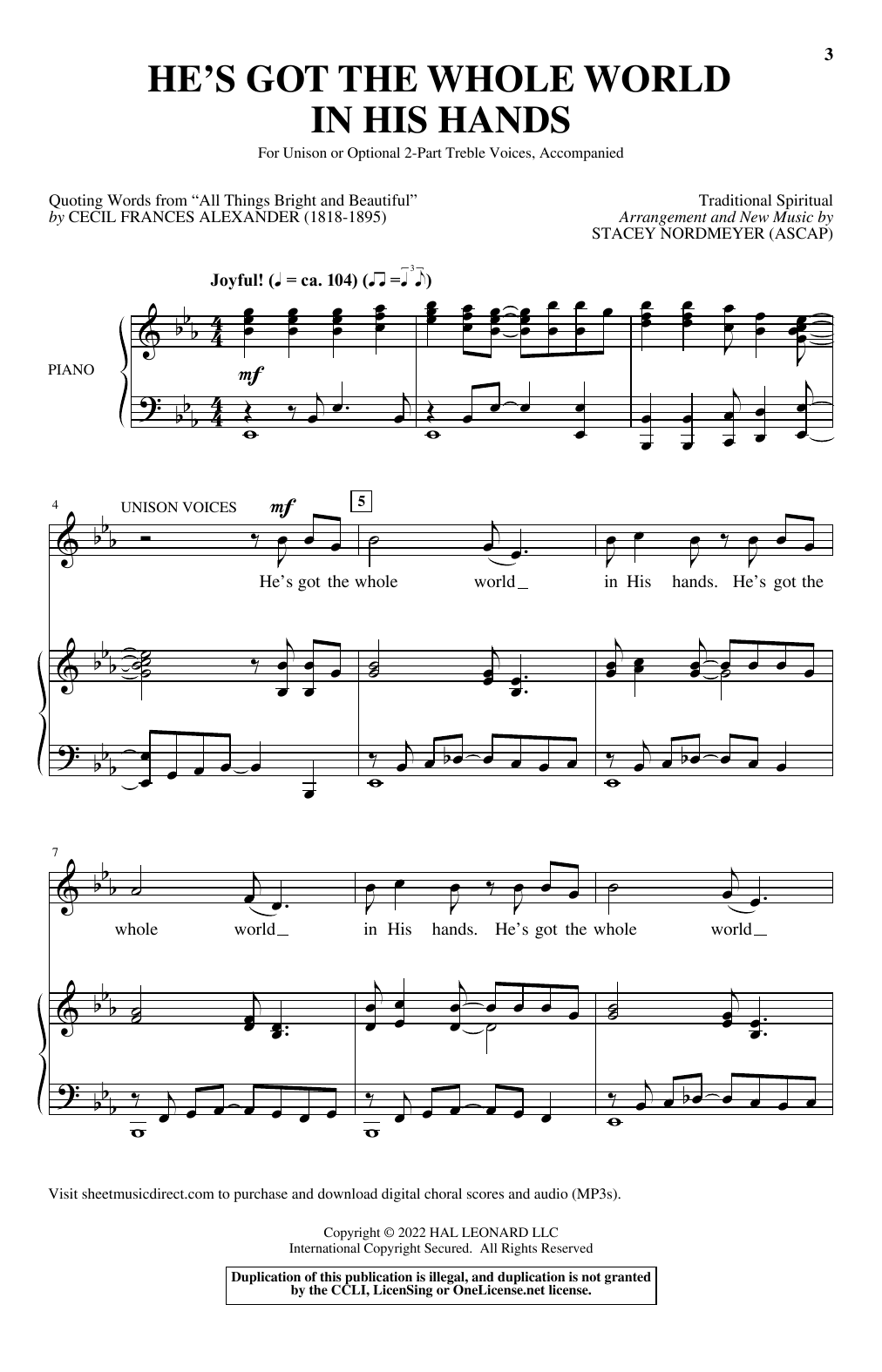 Traditional Spiritual He's Got The Whole World In His Hands (arr. Stacey Nordmeyer) Sheet Music Notes & Chords for Unison Choir - Download or Print PDF