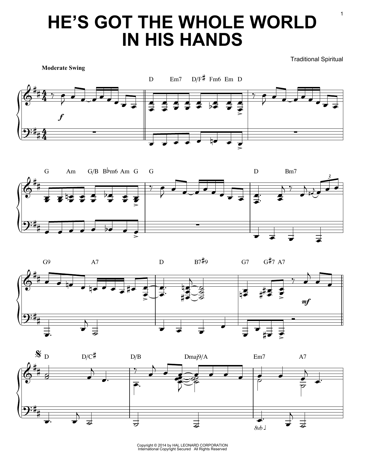 Traditional Spiritual He's Got The Whole World In His Hands [Jazz version] (arr. Brent Edstrom) Sheet Music Notes & Chords for Piano - Download or Print PDF