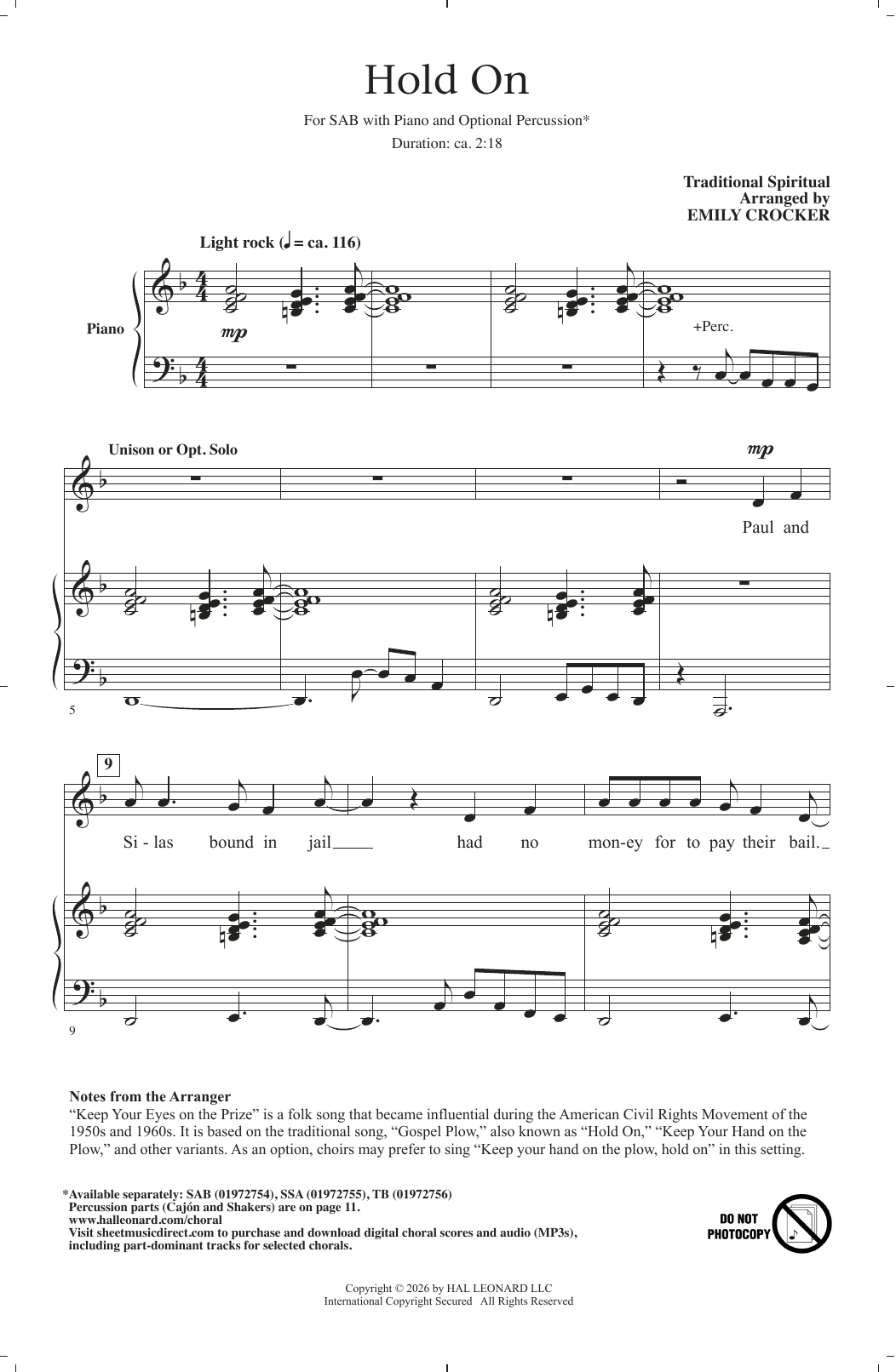 Traditional Spiritual Hold On (arr. Emily Crocker) Sheet Music Notes & Chords for SAB Choir - Download or Print PDF