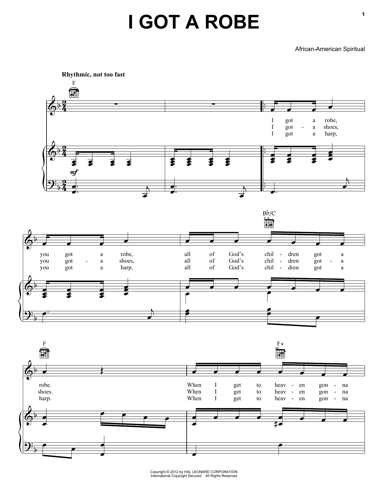 Traditional Spiritual I Got A Robe Sheet Music Notes & Chords for Piano, Vocal & Guitar (Right-Hand Melody) - Download or Print PDF