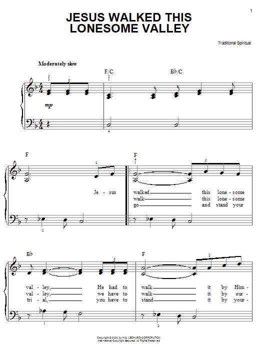 African-American Spiritual Jesus Walked This Lonesome Valley (Myers) Sheet Music Notes & Chords for Easy Piano - Download or Print PDF