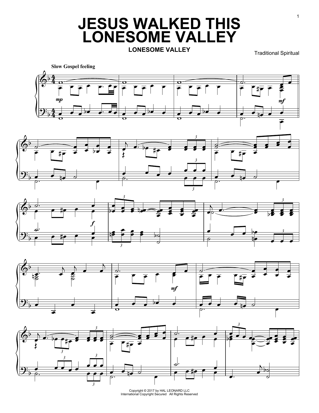 Traditional Spiritual Jesus Walked This Lonesome Valley Sheet Music Notes & Chords for Piano - Download or Print PDF