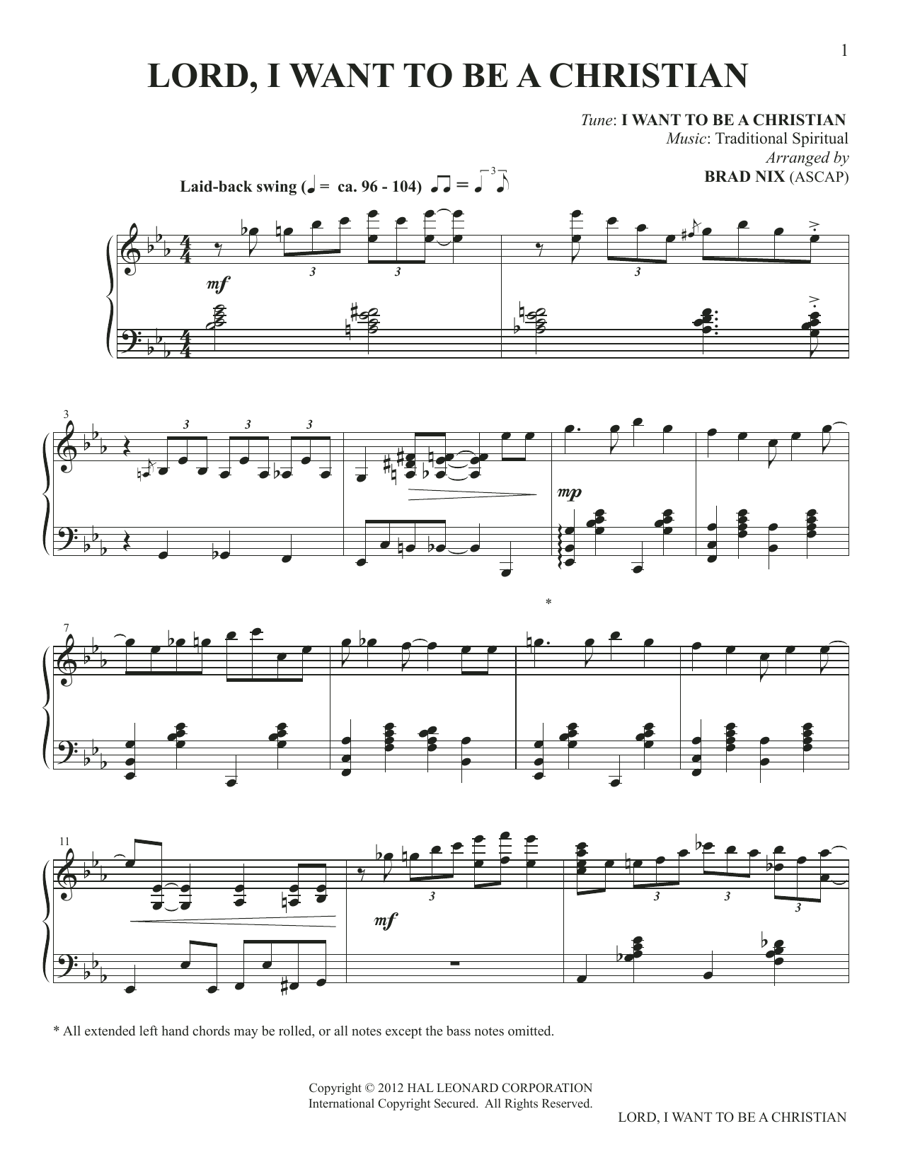Traditional Spiritual Lord, I Want To Be A Christian (arr. Brad Nix) Sheet Music Notes & Chords for Piano Solo - Download or Print PDF
