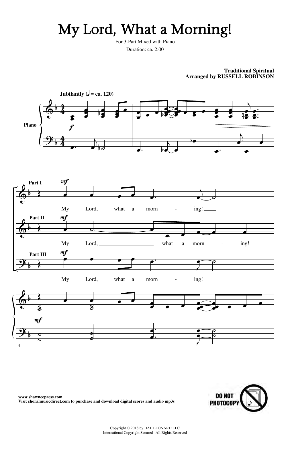 Traditional Spiritual My Lord, What A Morning (arr. Russell Robinson) Sheet Music Notes & Chords for 3-Part Mixed Choir - Download or Print PDF