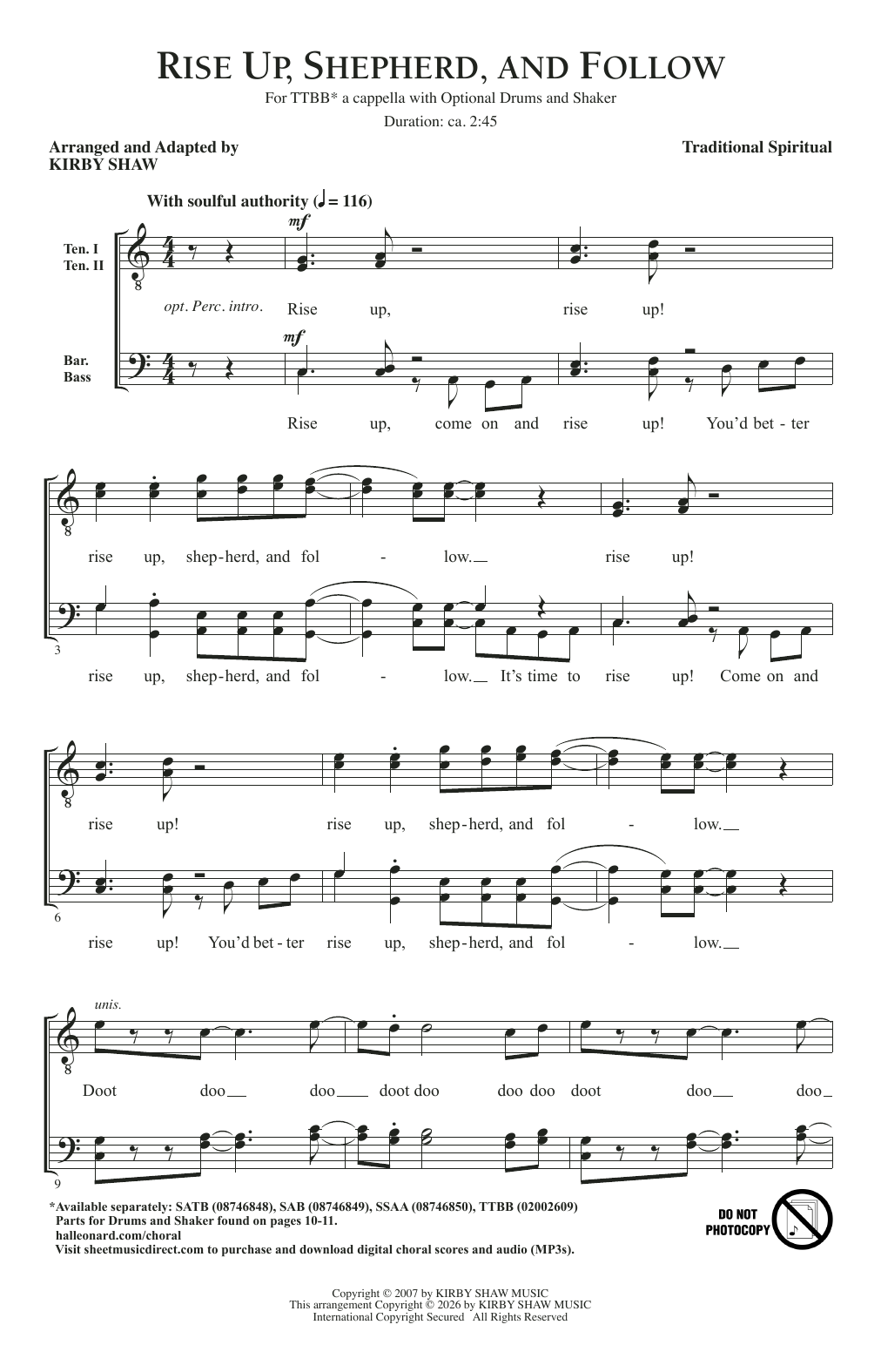 Traditional Spiritual Rise Up, Shepherd, And Follow (arr. Kirby Shaw) Sheet Music Notes & Chords for TTBB Choir - Download or Print PDF