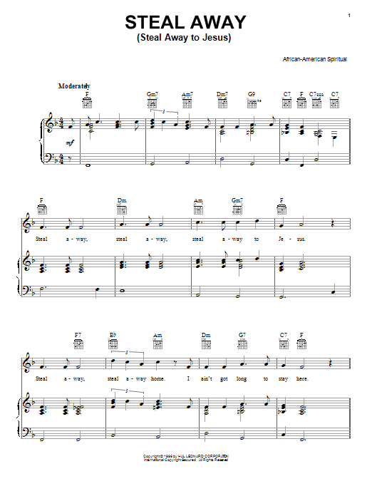 Traditional Spiritual Steal Away (Steal Away To Jesus) Sheet Music Notes & Chords for Piano, Vocal & Guitar (Right-Hand Melody) - Download or Print PDF