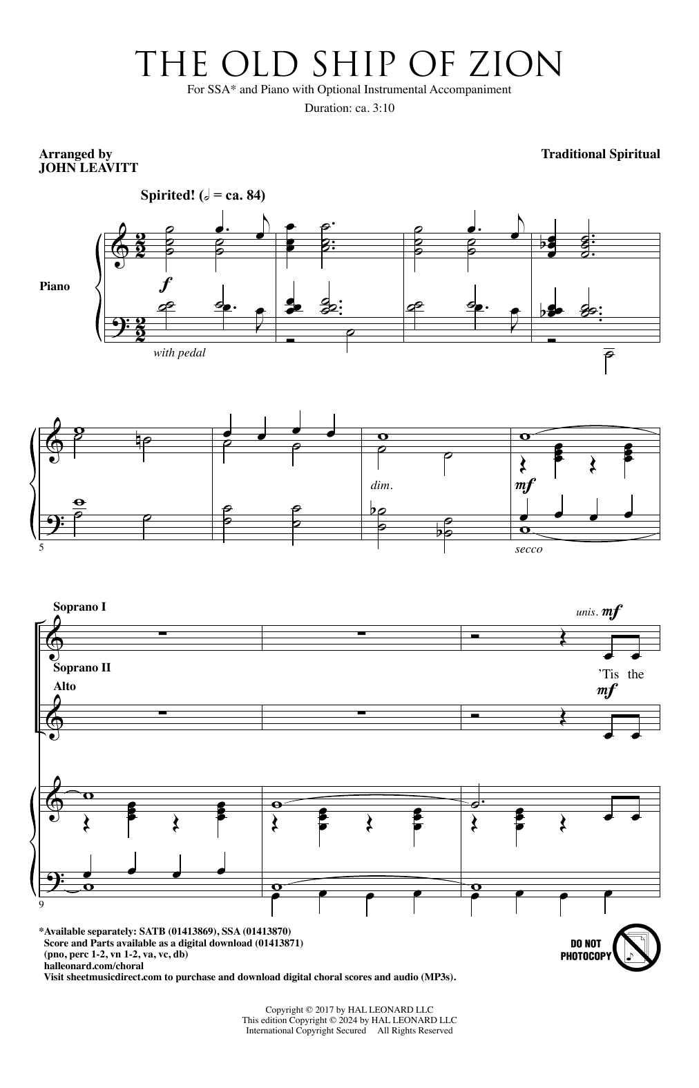 Traditional Spiritual The Old Ship Of Zion (arr. John Leavitt) Sheet Music Notes & Chords for SSA Choir - Download or Print PDF