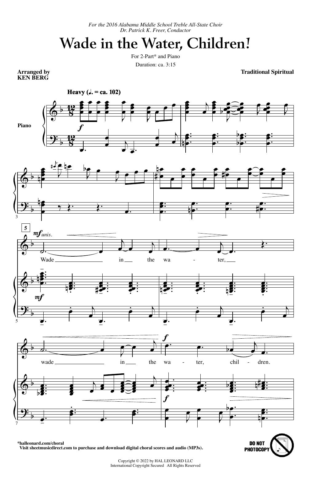 Traditional Spiritual Wade In The Water, Children! (arr. Ken Berg) Sheet Music Notes & Chords for 2-Part Choir - Download or Print PDF