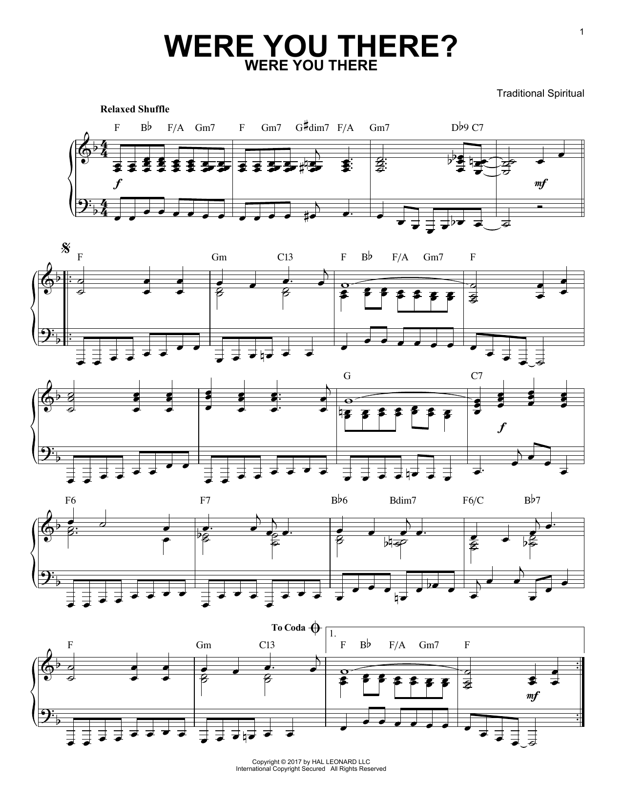 Traditional Spiritual Were You There? [Jazz version] Sheet Music Notes & Chords for Piano - Download or Print PDF