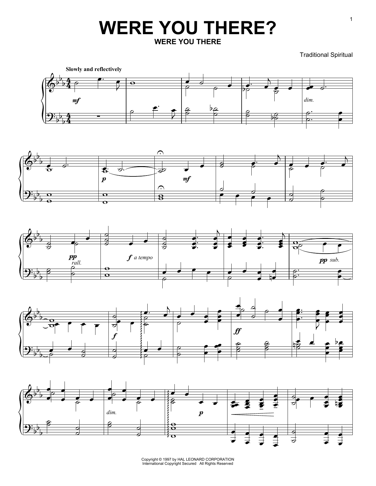 Traditional Spiritual Were You There? Sheet Music Notes & Chords for Piano - Download or Print PDF