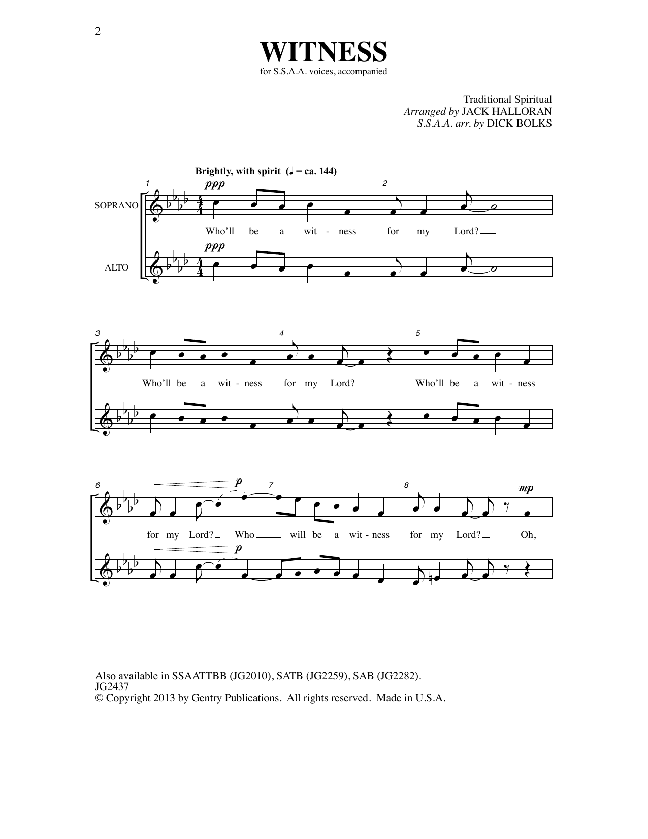 Traditional Spiritual Witness (arr. Dick Bolks) Sheet Music Notes & Chords for SSA Choir - Download or Print PDF