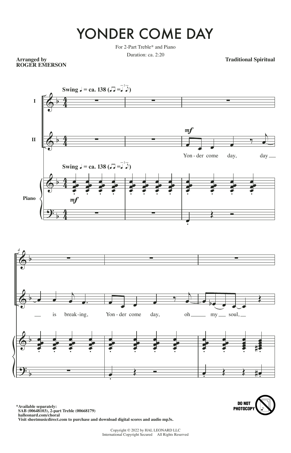 Traditional Spiritual Yonder Come Day (arr. Roger Emerson) Sheet Music Notes & Chords for 2-Part Choir - Download or Print PDF
