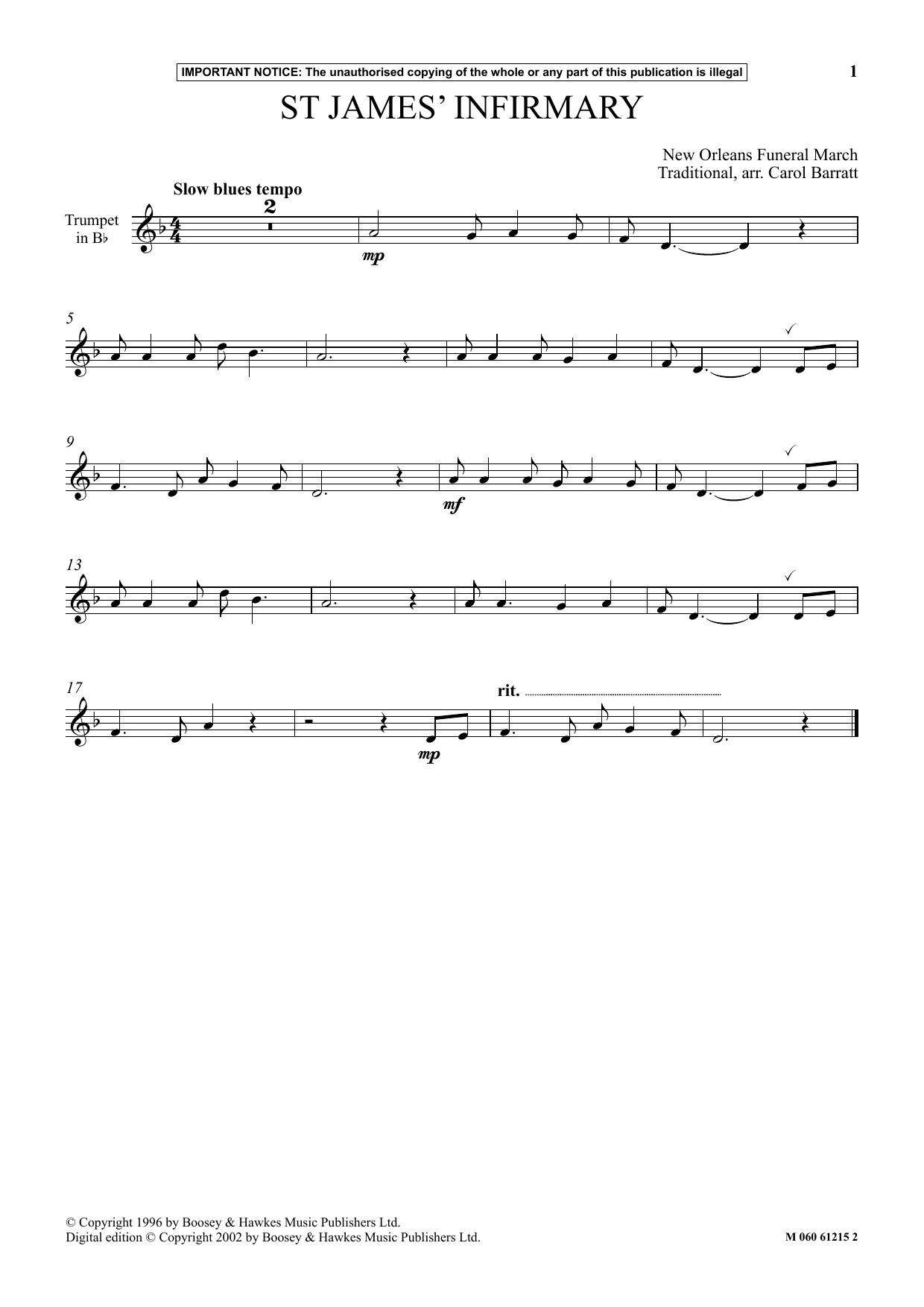 Traditional St James Infirmary Sheet Music Notes & Chords for Instrumental Solo - Download or Print PDF