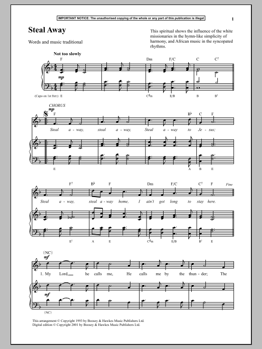 Traditional Steal Away Sheet Music Notes & Chords for Piano - Download or Print PDF