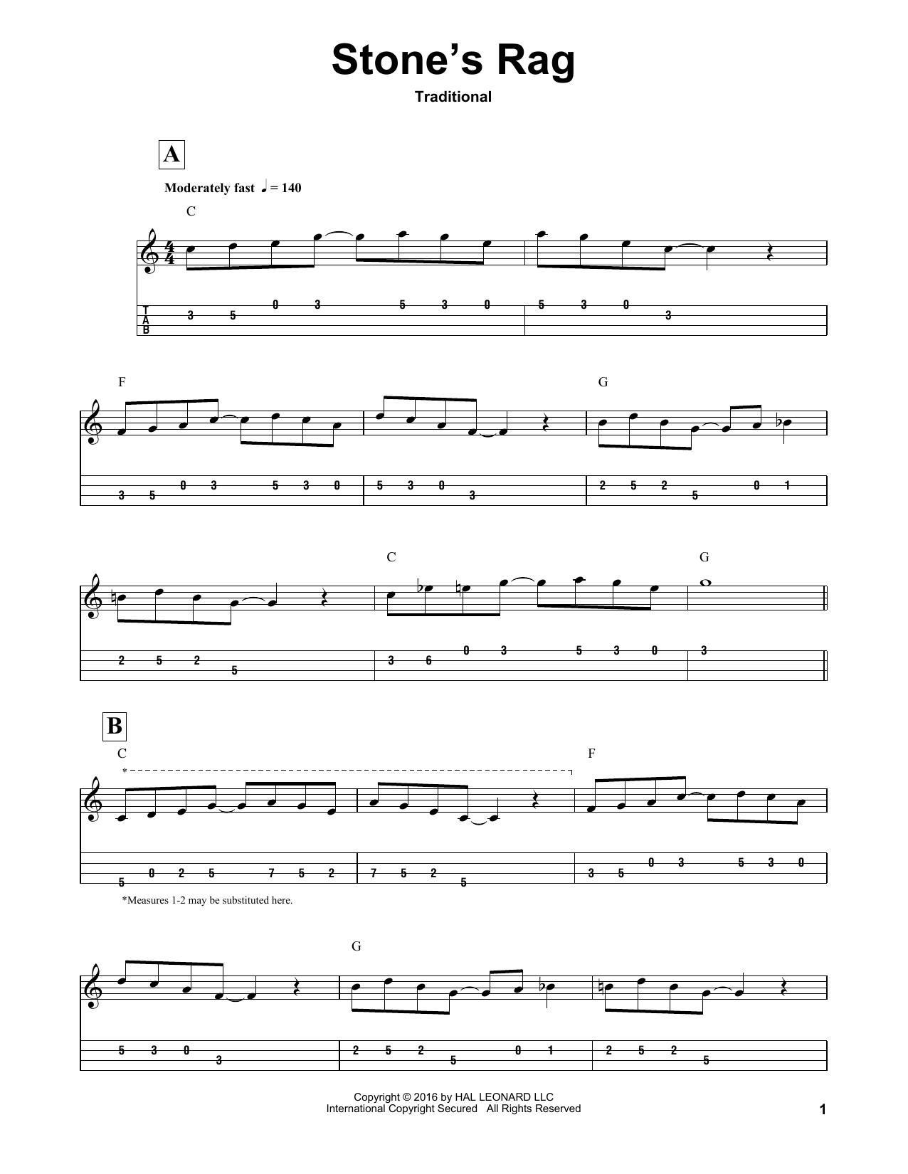 Traditional Stone's Rag Sheet Music Notes & Chords for Mandolin Tab - Download or Print PDF