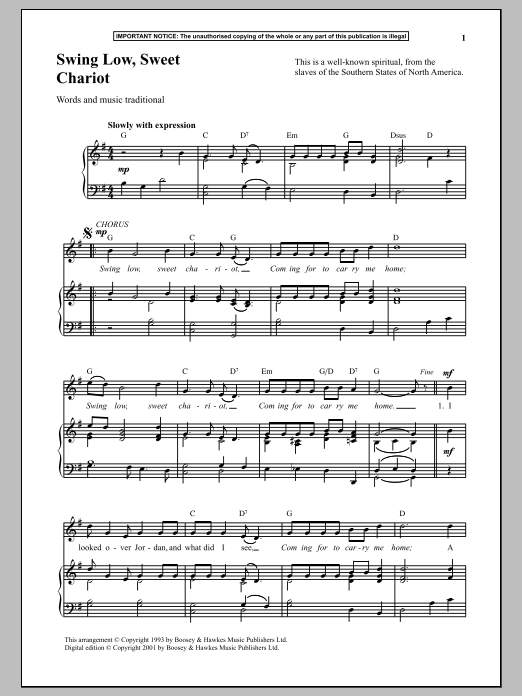 Traditional Swing Low, Sweet Chariot Sheet Music Notes & Chords for Piano - Download or Print PDF