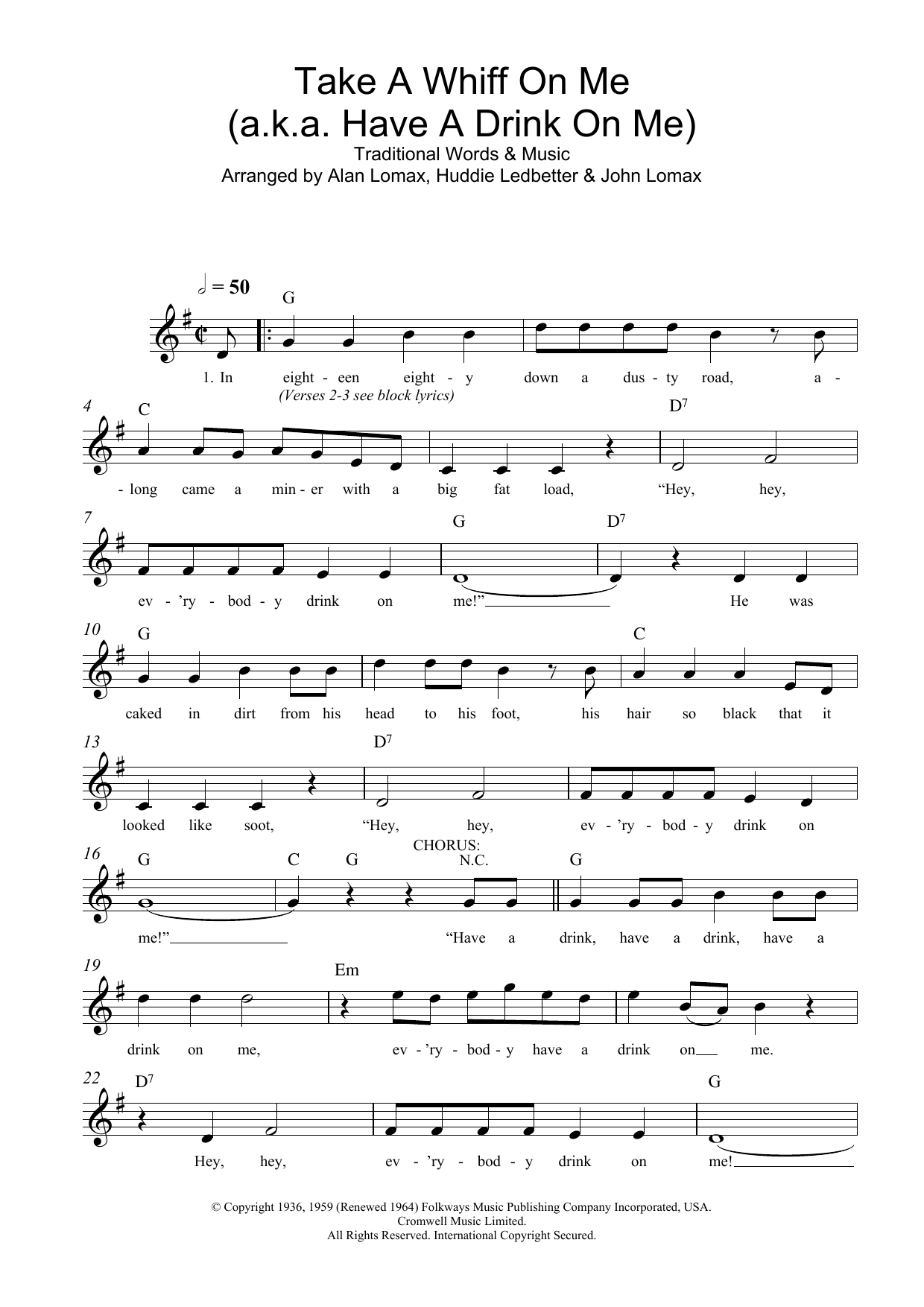 Traditional Take A Whiff On Me (a.k.a. Have A Drink On Me) Sheet Music Notes & Chords for Melody Line, Lyrics & Chords - Download or Print PDF