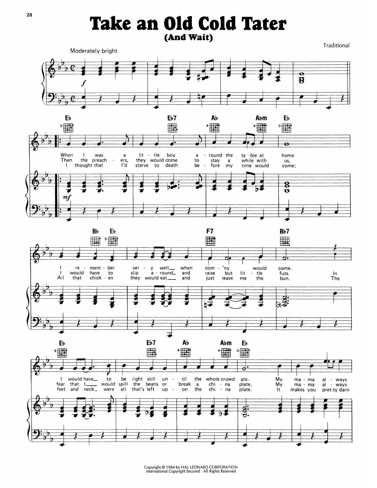 Traditional Take An Old Cold Tater (And Wait) Sheet Music Notes & Chords for Piano, Vocal & Guitar Chords (Right-Hand Melody) - Download or Print PDF