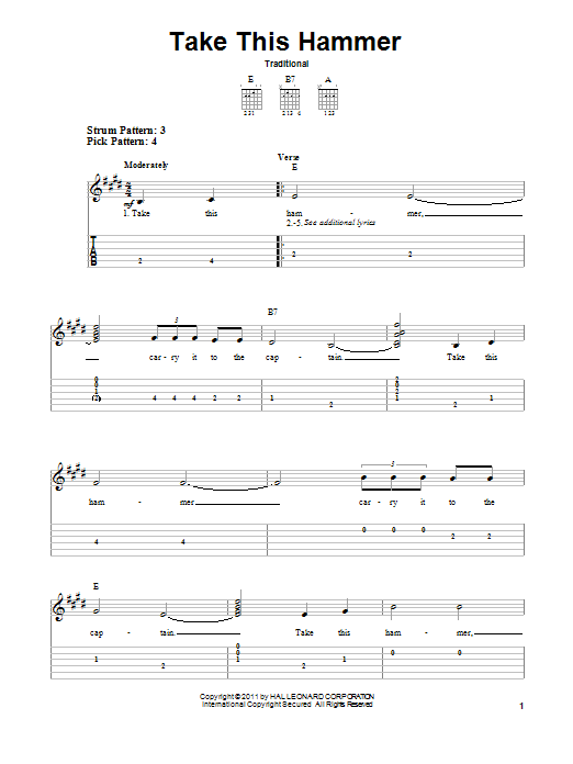 Traditional Take This Hammer Sheet Music Notes & Chords for Easy Guitar Tab - Download or Print PDF