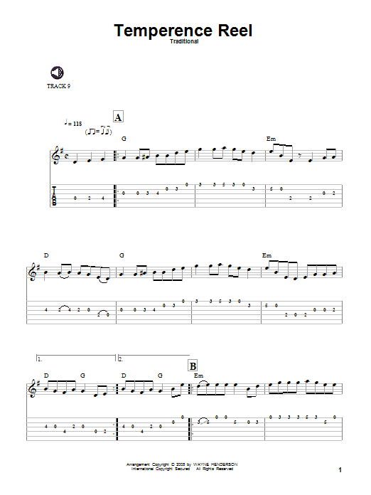 Traditional Temperence Reel Sheet Music Notes & Chords for Guitar Tab - Download or Print PDF