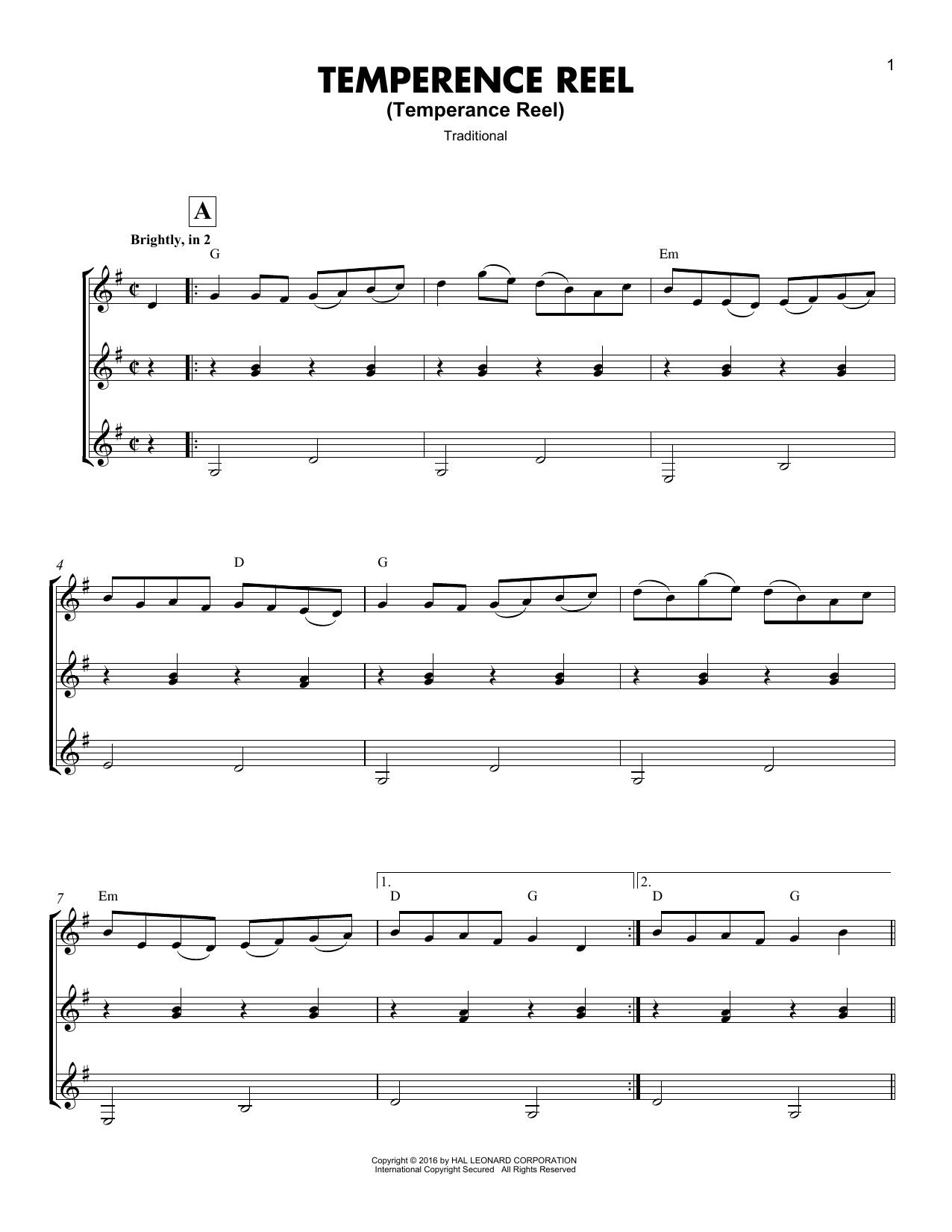Traditional Temperence Reel (Temperance Reel) Sheet Music Notes & Chords for Guitar Ensemble - Download or Print PDF
