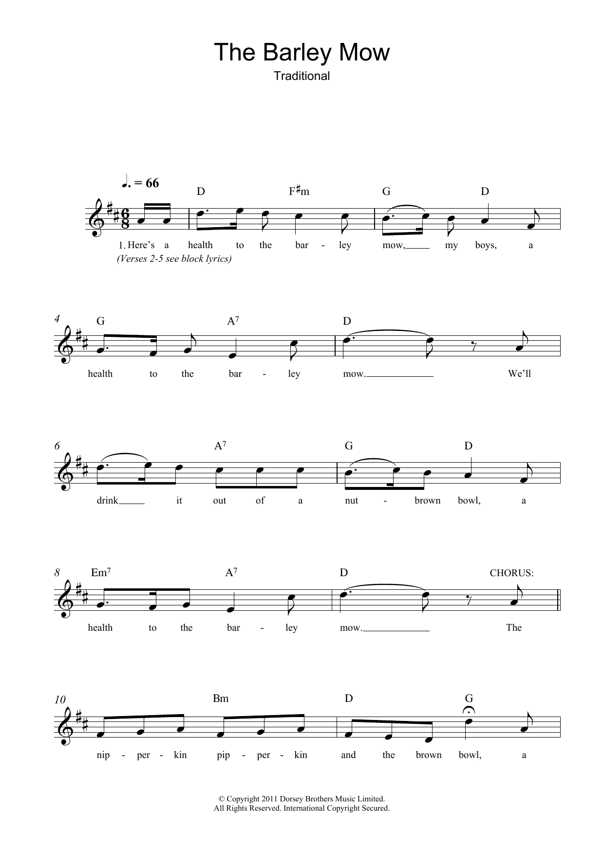 Traditional The Barley Mow Sheet Music Notes & Chords for Melody Line, Lyrics & Chords - Download or Print PDF