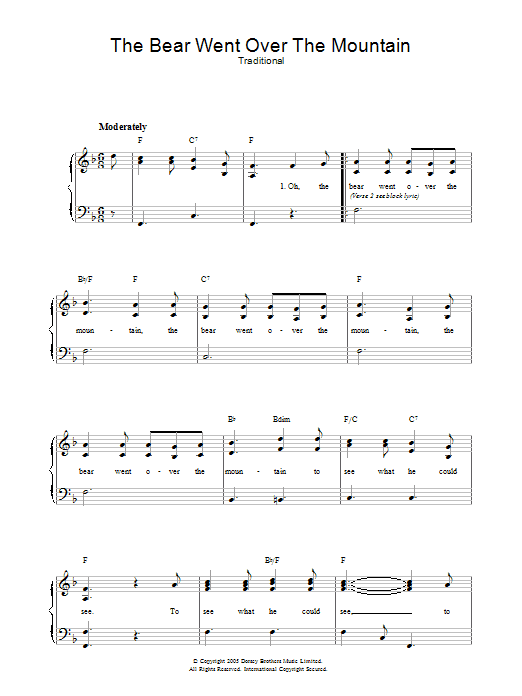 Traditional The Bear Went Over The Mountain Sheet Music Notes & Chords for Very Easy Piano - Download or Print PDF