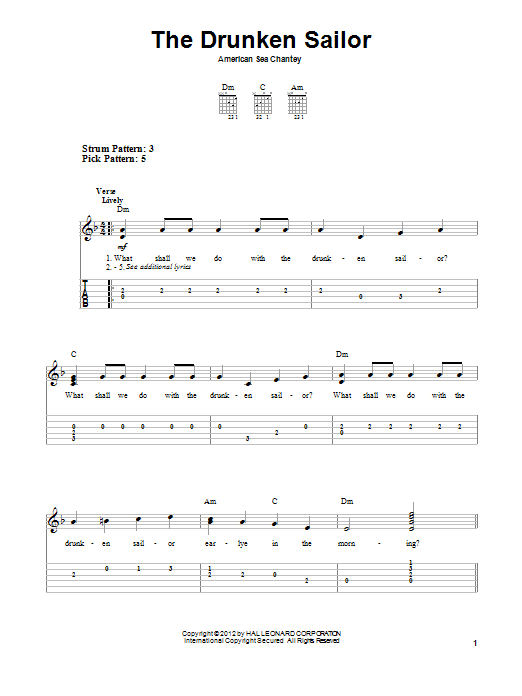 Traditional The Drunken Sailor Sheet Music Notes & Chords for Easy Guitar Tab - Download or Print PDF