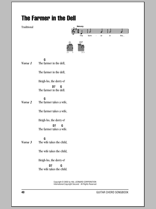 Traditional The Farmer In The Dell Sheet Music Notes & Chords for Melody Line, Lyrics & Chords - Download or Print PDF