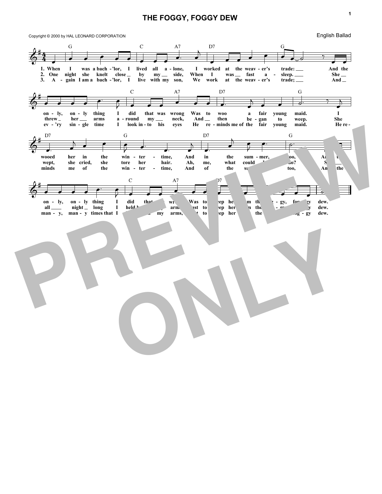 Traditional The Foggy, Foggy Dew Sheet Music Notes & Chords for Melody Line, Lyrics & Chords - Download or Print PDF
