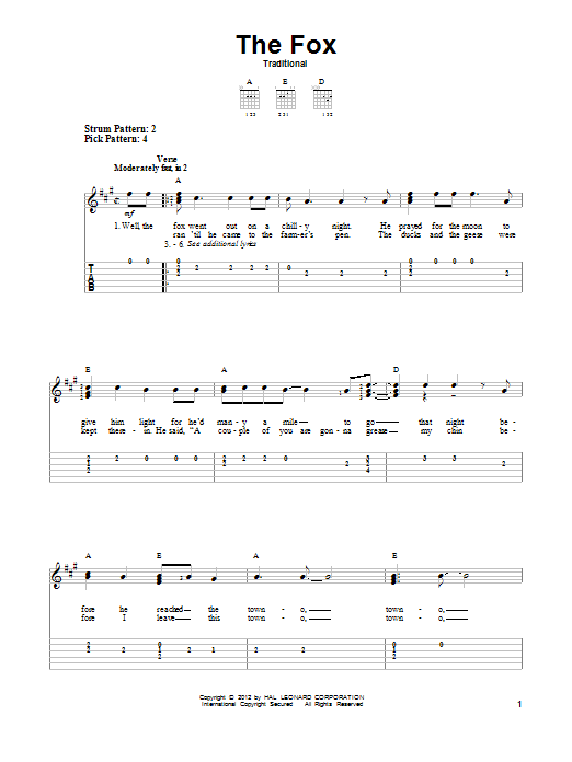 Traditional The Fox Sheet Music Notes & Chords for Easy Guitar Tab - Download or Print PDF