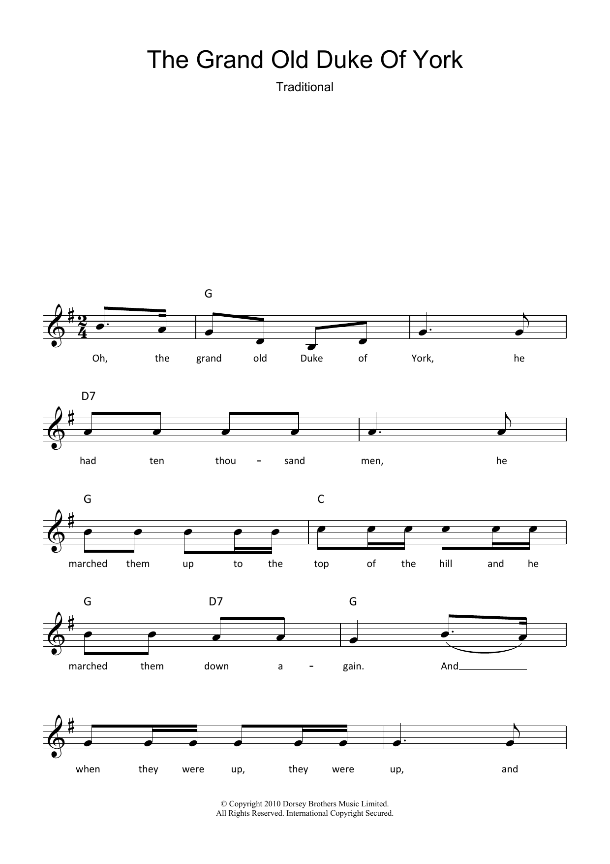 Traditional The Grand Old Duke Of York Sheet Music Notes & Chords for Melody Line, Lyrics & Chords - Download or Print PDF