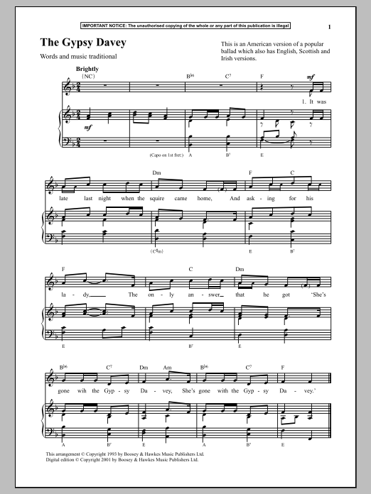 Traditional The Gypsy Davey Sheet Music Notes & Chords for Piano - Download or Print PDF