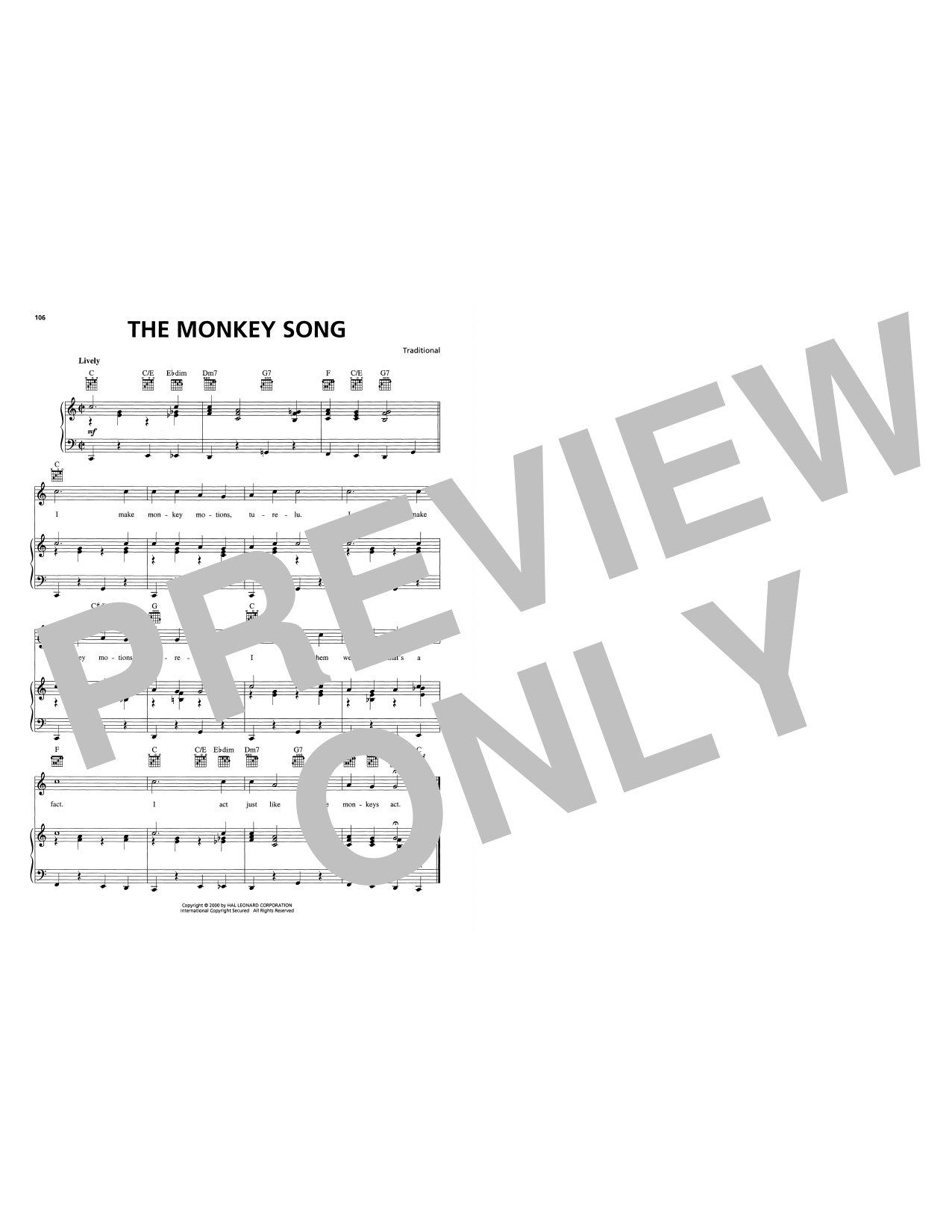 Traditional The Monkey Song Sheet Music Notes & Chords for Piano, Vocal & Guitar Chords (Right-Hand Melody) - Download or Print PDF Traditional The Monkey Song Sheet Music Notes & Chords for Piano, Vocal & Guitar Chords (Right-Hand Melody) - Download or Print PDF