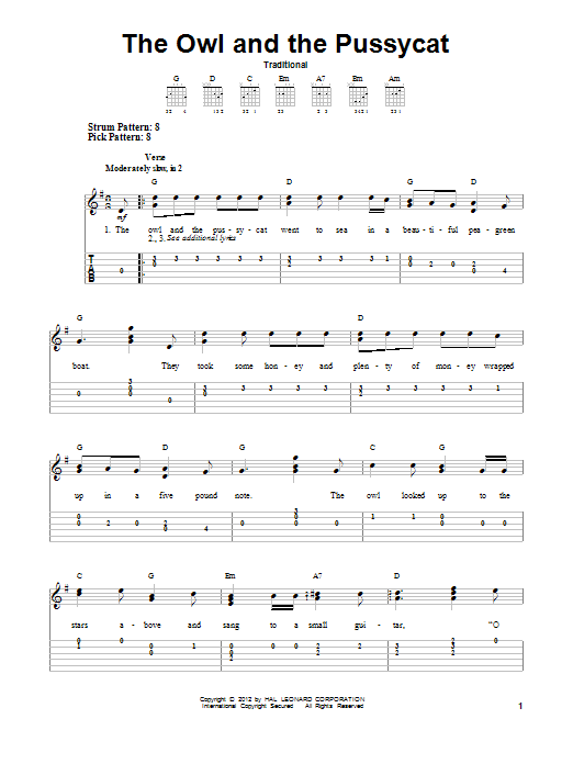 Traditional The Owl And The Pussycat Sheet Music Notes & Chords for Easy Guitar Tab - Download or Print PDF