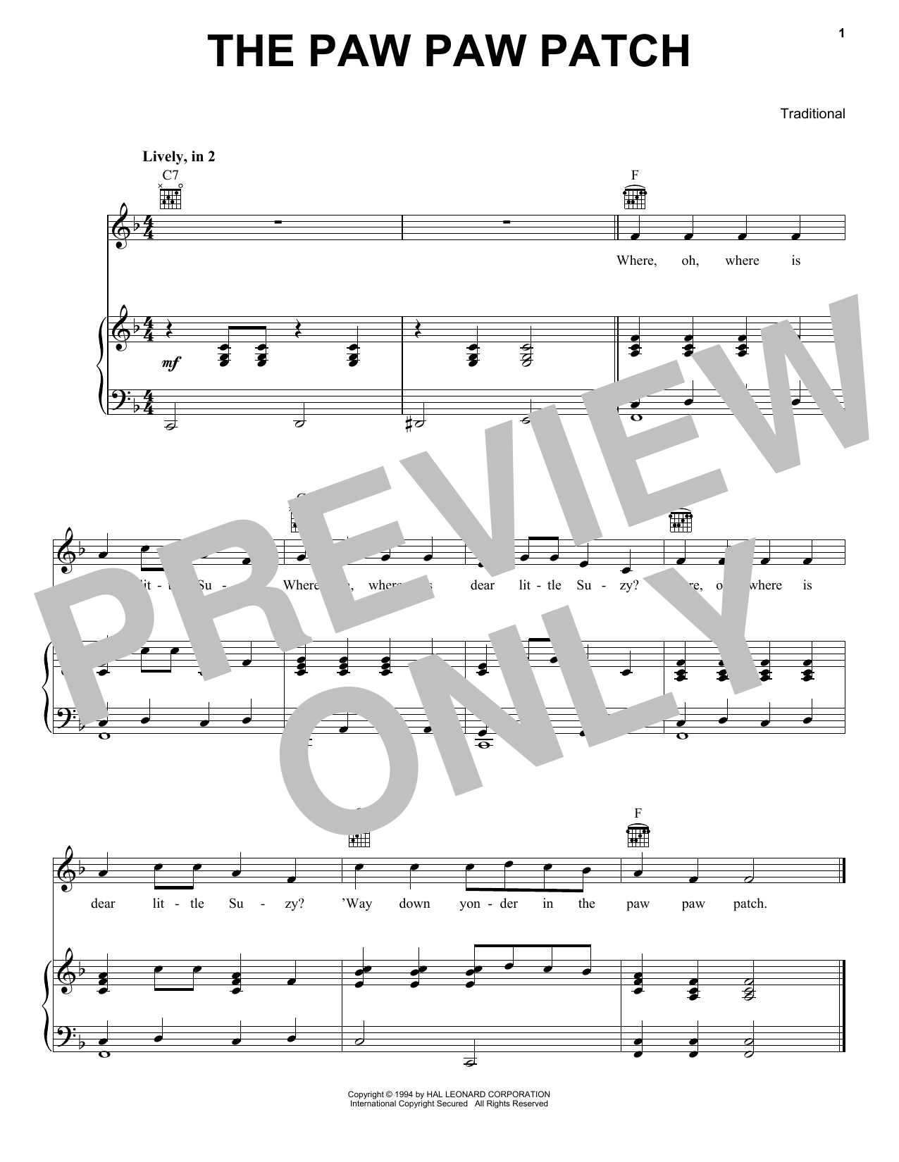 Traditional The Paw Paw Patch Sheet Music Notes & Chords for Piano, Vocal & Guitar Chords (Right-Hand Melody) - Download or Print PDF