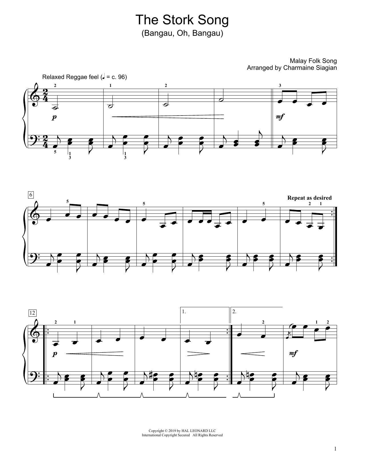 Traditional The Stork Song (Bangau Oh Bangau) (arr. Charmaine Siagian) Sheet Music Notes & Chords for Educational Piano - Download or Print PDF