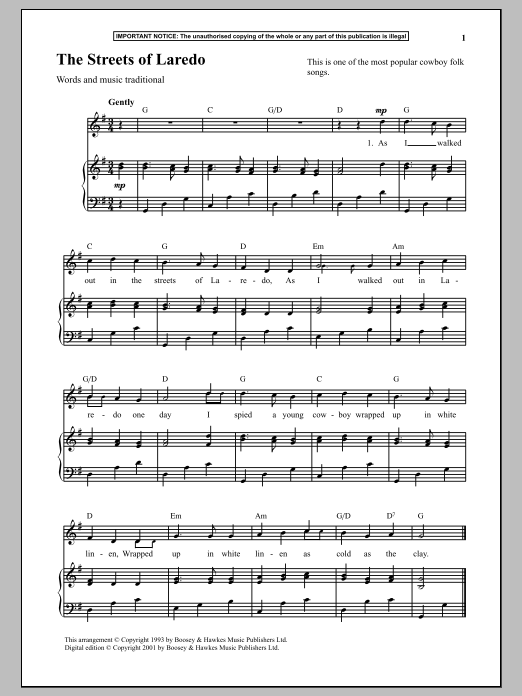 Traditional The Streets Of Laredo Sheet Music Notes & Chords for Piano - Download or Print PDF
