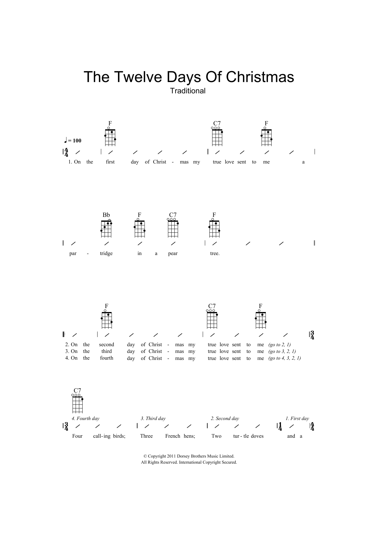 Traditional The Twelve Days Of Christmas Sheet Music Notes & Chords for Ukulele with strumming patterns - Download or Print PDF