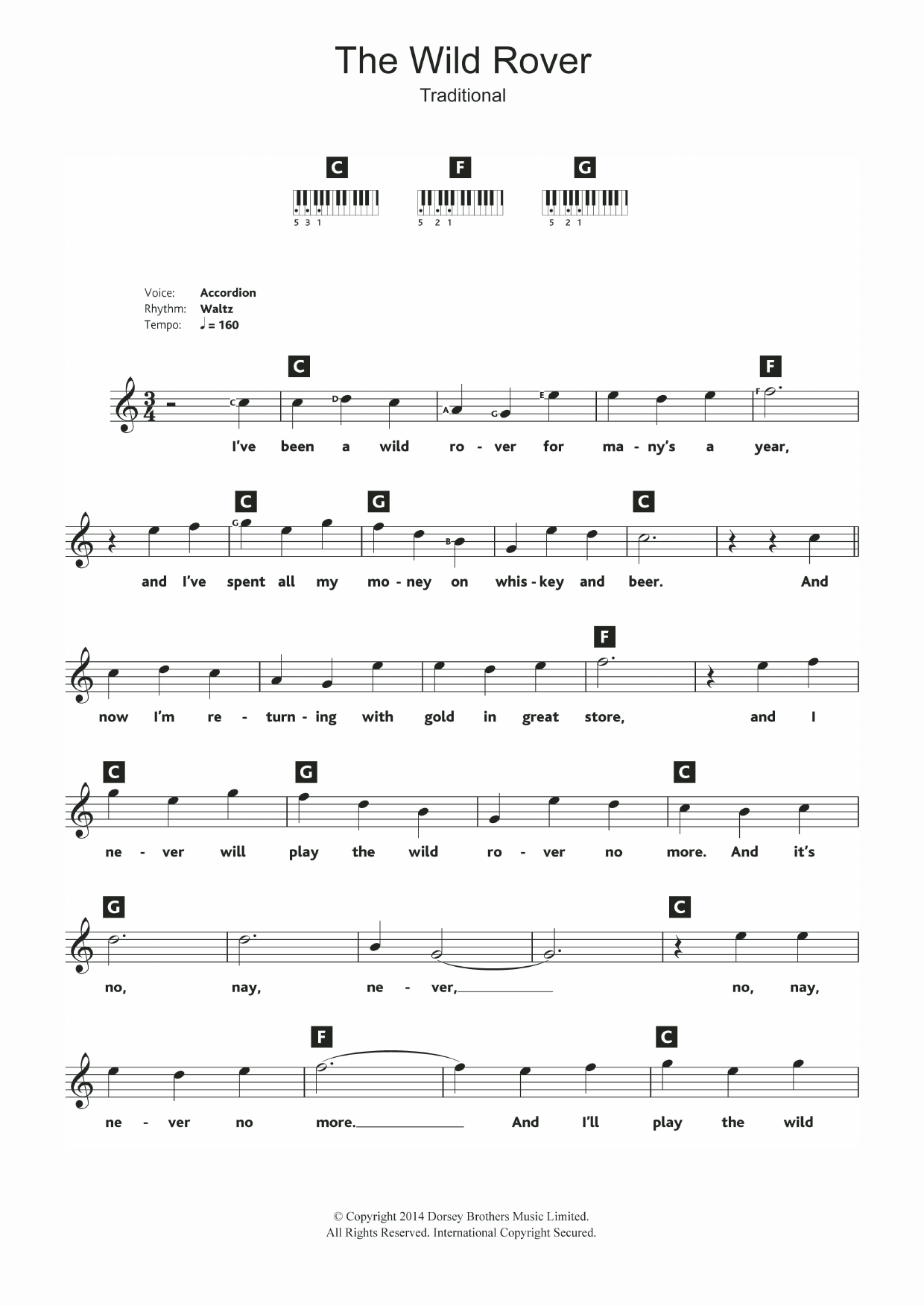 Traditional The Wild Rover Sheet Music Notes & Chords for Keyboard - Download or Print PDF