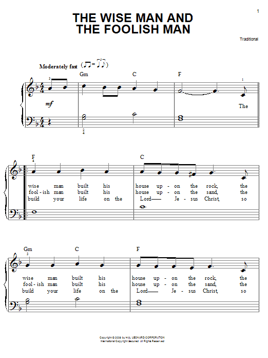 Traditional The Wise Man And The Foolish Man Sheet Music Notes & Chords for 5-Finger Piano - Download or Print PDF