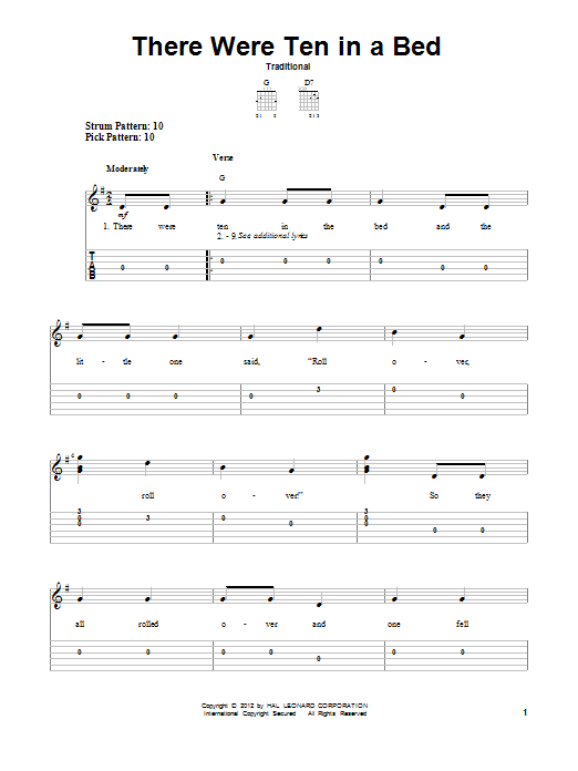 Traditional There Were Ten In A Bed Sheet Music Notes & Chords for Easy Guitar Tab - Download or Print PDF