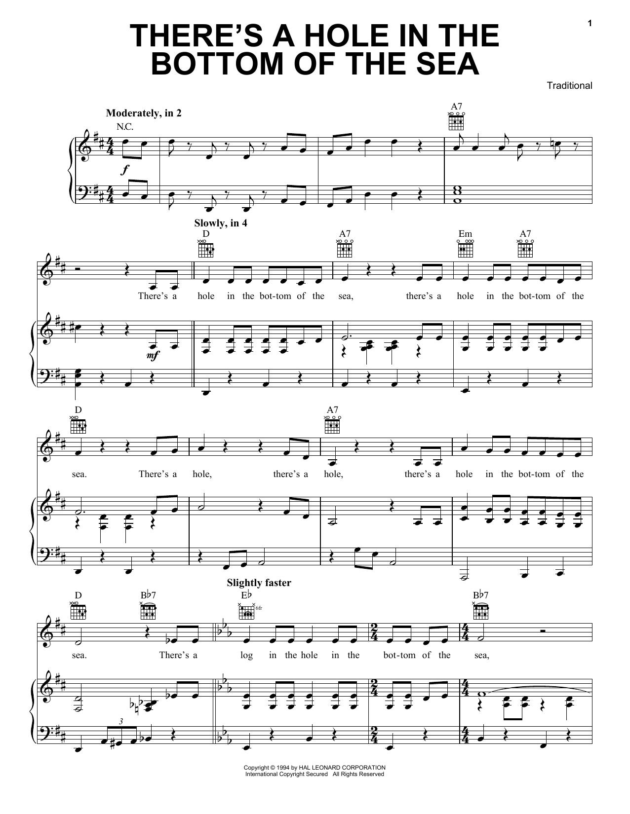 Traditional There's A Hole In The Bottom Of The Sea Sheet Music Notes & Chords for Piano, Vocal & Guitar Chords (Right-Hand Melody) - Download or Print PDF