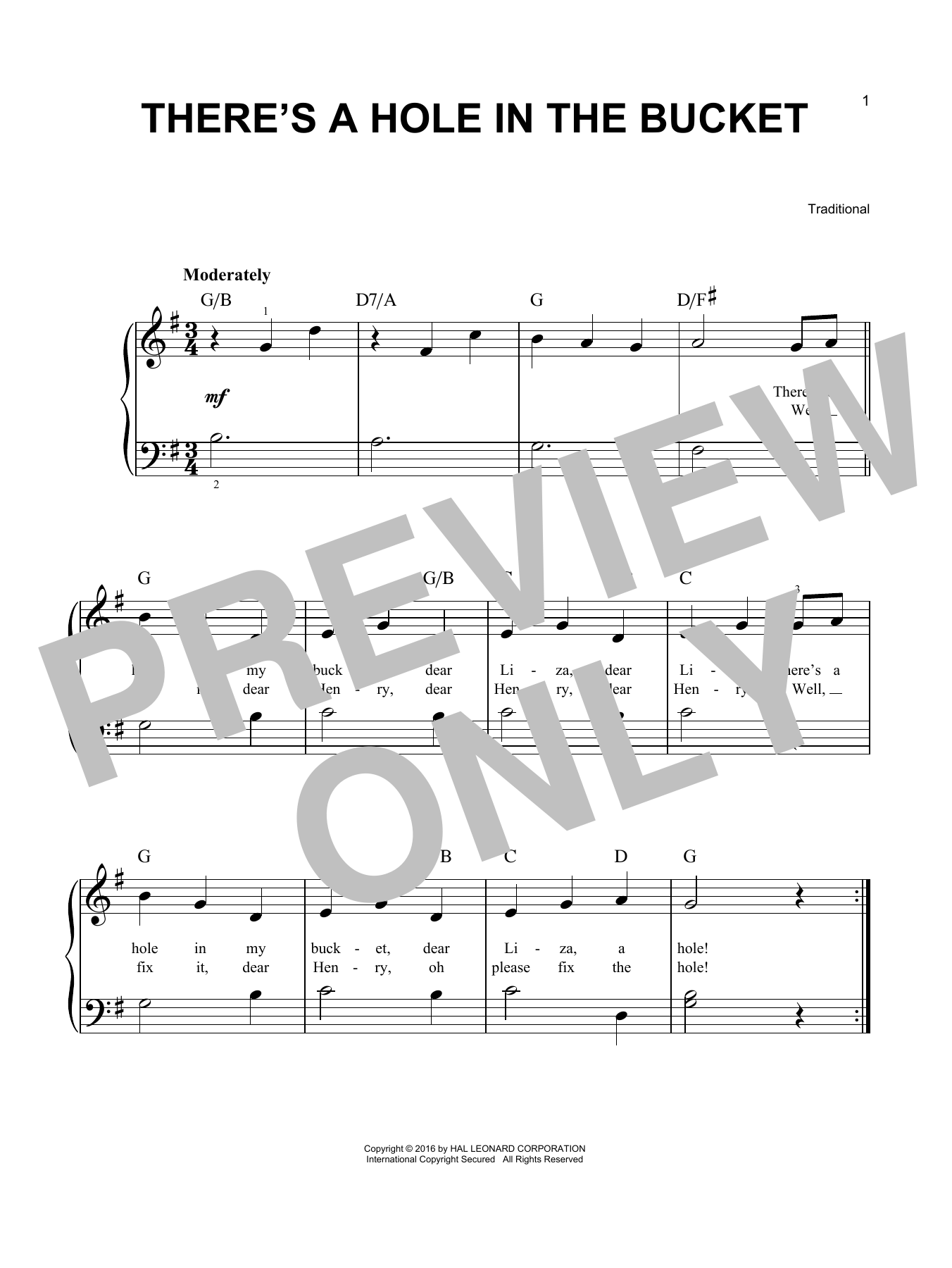 Traditional There's A Hole In The Bucket Sheet Music Notes & Chords for Melody Line, Lyrics & Chords - Download or Print PDF