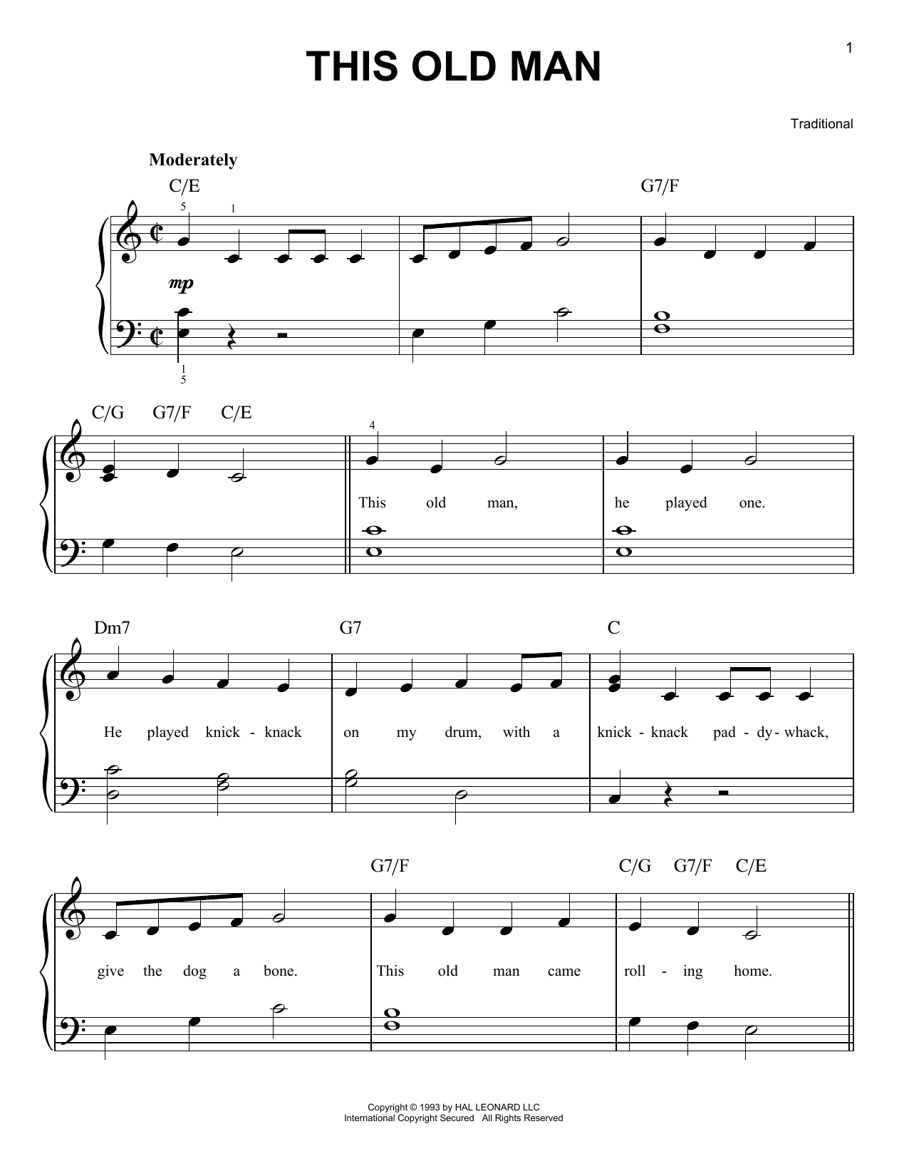 Traditional Nursery Rhyme This Old Man Sheet Music Notes & Chords for 5-Finger Piano - Download or Print PDF